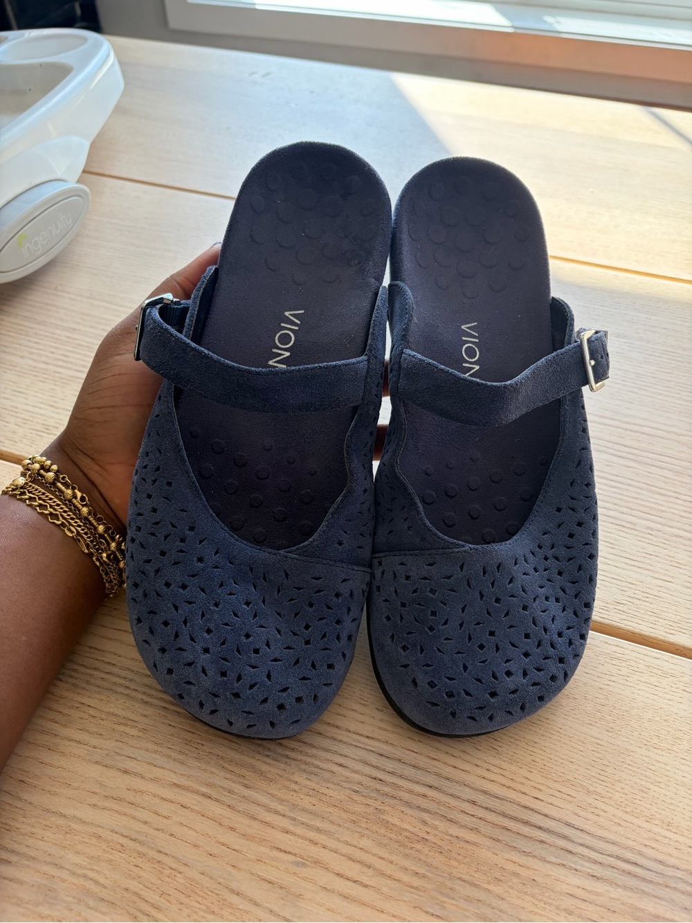 Vionic Navy Perforated Suede Mary Jane Mules